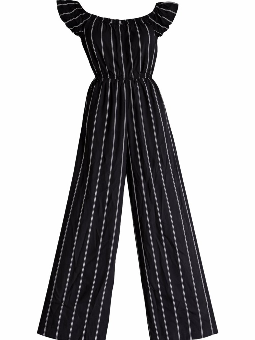 Forever 21 Off Shoulder Jumpsuit Black White Striped Wide Leg Size M